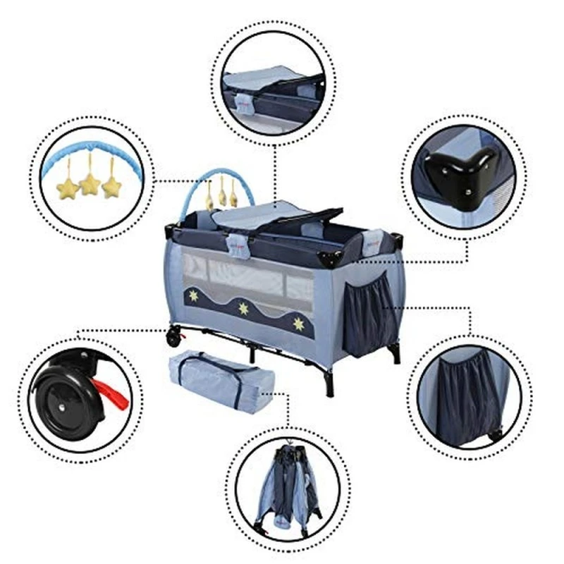 Сгъваема преносима кошара Infantastic Dreaming Sheep 16287450, С играчки и подложка за смяна, 126x67x82cm, Син